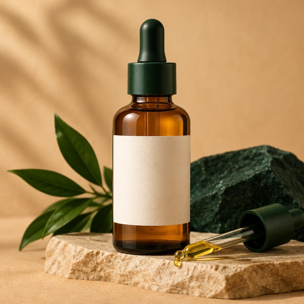 Private label haarolie en scalp serum in amber glazen fles met pipet en blanco etiket
