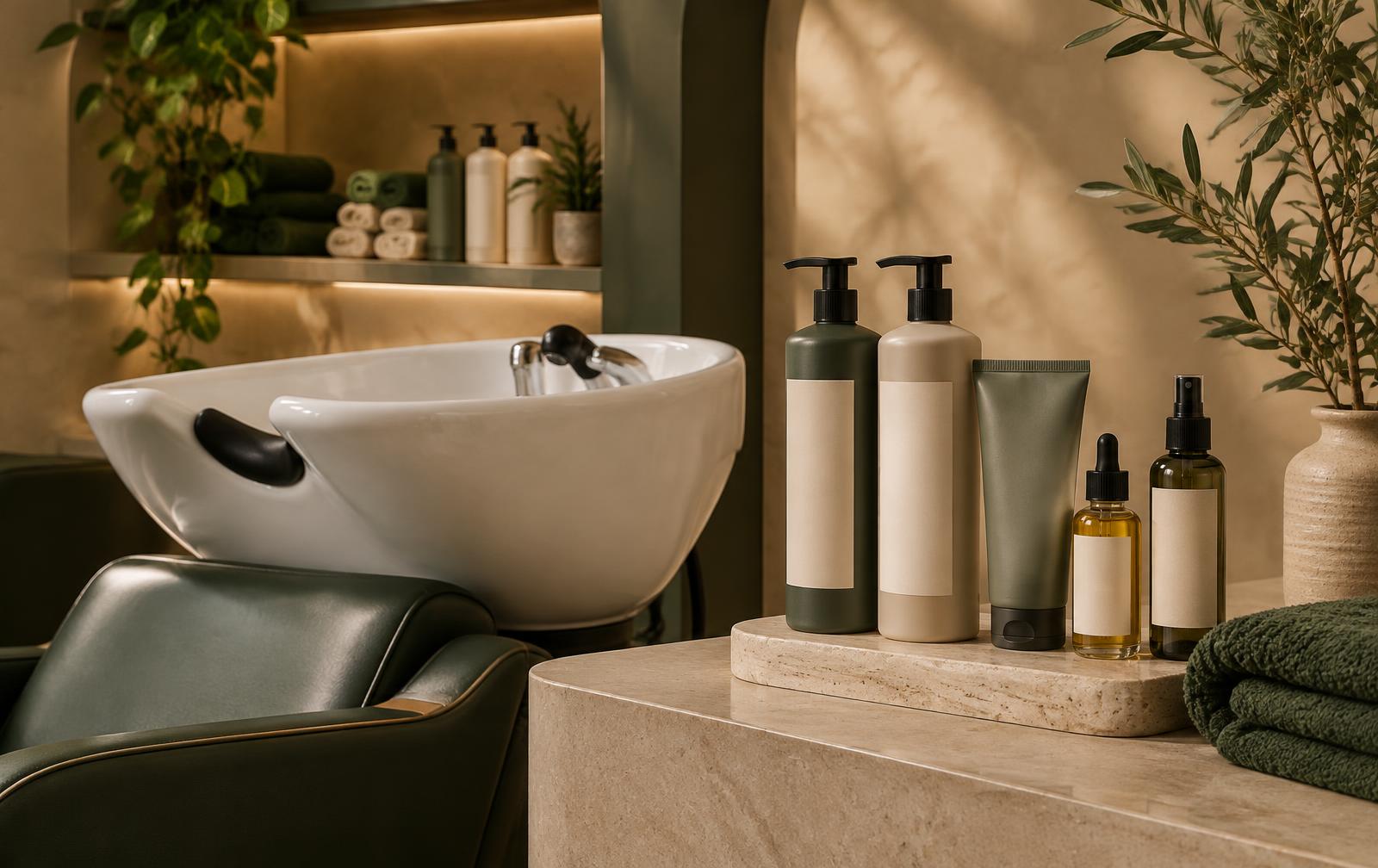 Private label haarproducten voor kapsalons: shampoo, conditioner en haarolie met eigen merk aan de wasbak