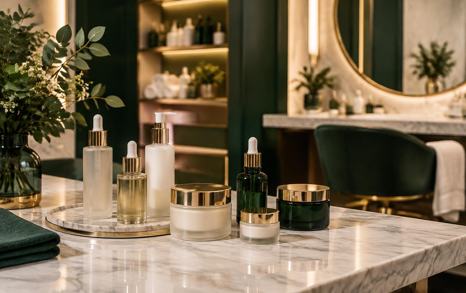 Private label huidverzorging met eigen merk in een schoonheidssalon: serums en crèmes met blanco etiketten