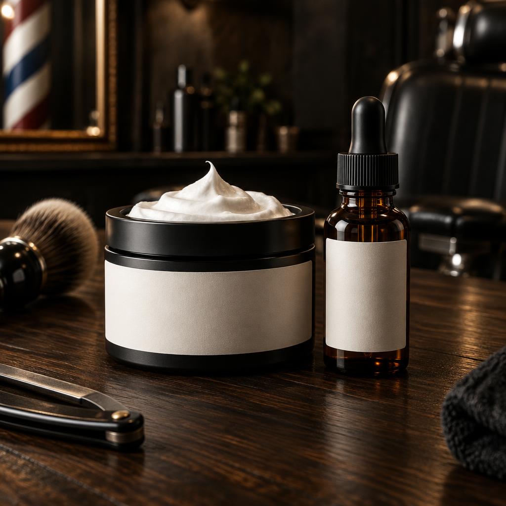 Private label scheercrème en baardolie met blanco etiket voor barbershops en scheerwinkels